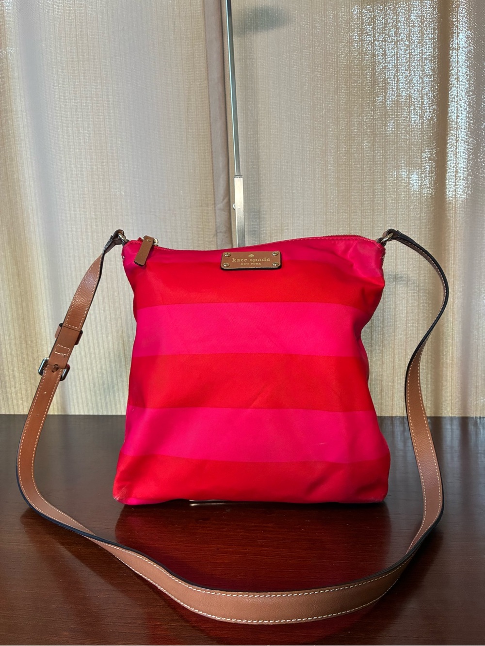 Kate Spade Pink and Red Striped Crossbody with Tan Strap